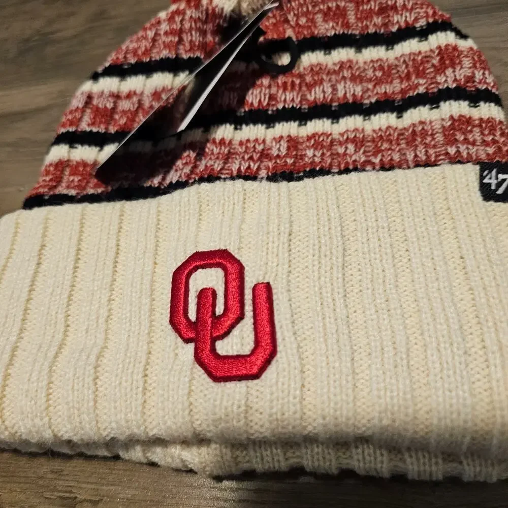 47 University of Oklahoma Sooners Beanie Hat Red OU Cuffed Ribbed Pom Pom Knit B